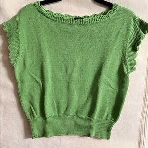 Ann Taylor Factory Green Scallop-Trim Knit Shell